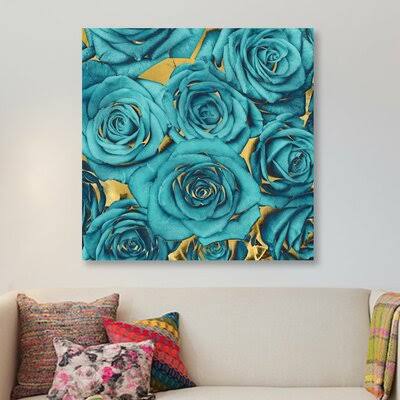 &Roses - Teal on Gold& Graphic Art Print on Canvas House of Hampton Size: 37x22 H x 37x22 W x 0.75x22 D RBQ4_X6QXC91